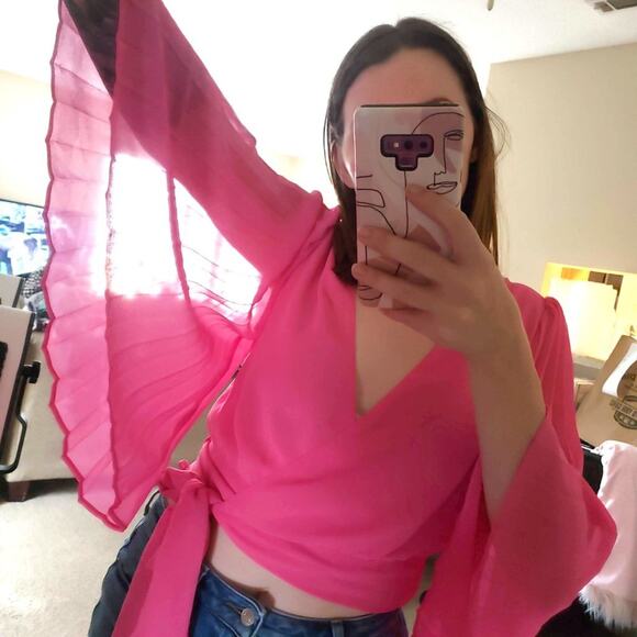 Idem Ditto Hot Pink Sheer Wrap Top Size Small - Picture 2 of 10